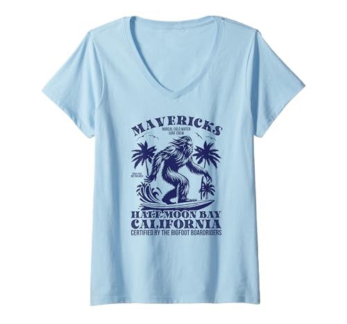Damen Bigfoot Mavericks Norcal Surf Crew Half Moon Bay T-Shirt mit V-Ausschnitt Damen Bigfoot Mavericks Norcal Surf Crew Half Moon Bay T-Shirt mit V-Ausschnitt von Funny Sasquatch Rider Mavericks Meme