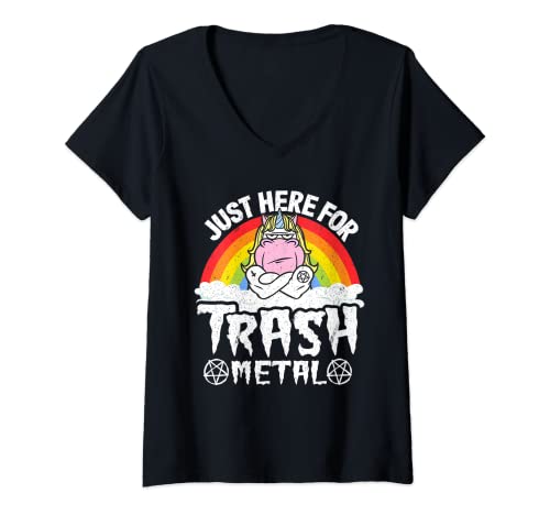 Damen Kids Band Einhorn Metall Rainbow Just Here For Trash Metal T-Shirt mit V-Ausschnitt von Funny Satanic & Death Metal Gifts Men Women Kids