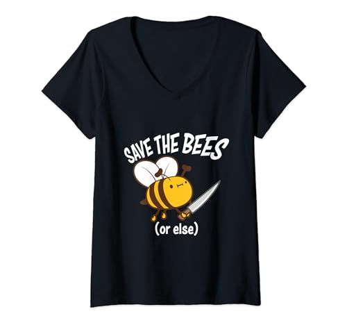 Damen Lustiges Messer "Save The Bees Or Else", niedlicher Bienen-Imker T-Shirt mit V-Ausschnitt von Funny Save The Bees Or Else Knife Bee Beekeeper