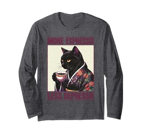 More Espresso Less Depresso Lustiges Katzenshirt Teens Herren Damen Langarmshirt von Funny Saying Espresso Depression Kawaii Cat