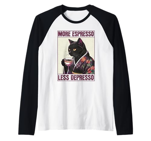 More Espresso Less Depresso Lustiges Katzenshirt Teens Herren Damen Raglan von Funny Saying Espresso Depression Kawaii Cat