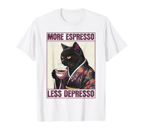More Espresso Less Depresso Lustiges Katzenshirt Teens Herren Damen T-Shirt von Funny Saying Espresso Depression Kawaii Cat
