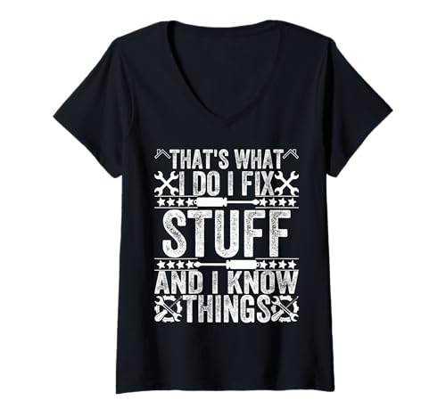 Damen Das Mache ich, ich repariere Sachen und ich weiß Dinge Lustiges Papa T-Shirt mit V-Ausschnitt Damen Das Mache ich, ich repariere Sachen und ich weiß Dinge Lustiges Papa T-Shirt mit V-Ausschnitt von Funny Saying Stuff For Men