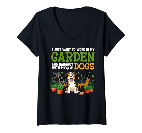 Damen Ich möchte einfach nur in Meinem Garten Arbeiten und mit Hunden abhängen Hobby T-Shirt mit V-Ausschnitt Damen Ich möchte einfach nur in Meinem Garten Arbeiten und mit Hunden abhängen Hobby T-Shirt mit V-Ausschnitt von Funny Sayings Gardening Gardeners Hang out and Dog