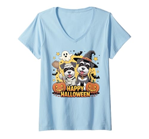 Damen Niedlicher Schnauzer Hundeliebhaber Halloween mit Kürbissen Geist Hund T-Shirt mit V-Ausschnitt Damen Niedlicher Schnauzer Hundeliebhaber Halloween mit Kürbissen Geist Hund T-Shirt mit V-Ausschnitt von Funny Schnauzer Dog Halloween Costume Gifts Idea