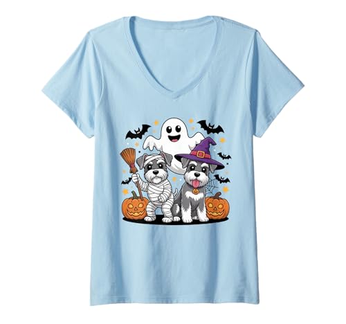 Damen Lustiger Schnauzer Hundeliebhaber Hexe Mama Geist Halloween Party T-Shirt mit V-Ausschnitt Damen Lustiger Schnauzer Hundeliebhaber Hexe Mama Geist Halloween Party T-Shirt mit V-Ausschnitt von Funny Schnauzer Dog Lover Halloween Costume Gifts