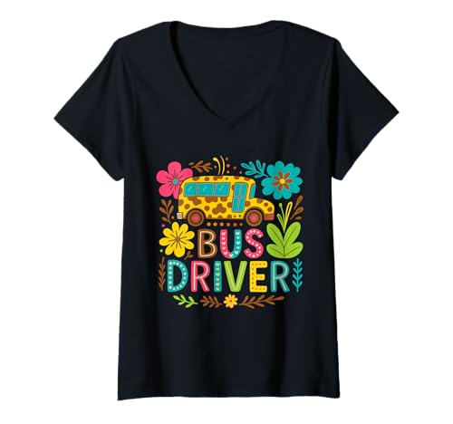 Damen Schulbusfahrer Boho Floral Leopard Back to School Damen T-Shirt mit V-Ausschnitt Damen Schulbusfahrer Boho Floral Leopard Back to School Damen T-Shirt mit V-Ausschnitt von Funny School Bus Driver Gifts Men Women Co.