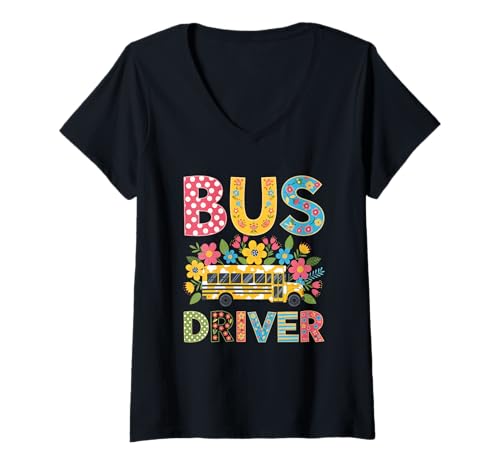 Damen Schulbusfahrer Boho Floral Leopard Back to School T-Shirt mit V-Ausschnitt Damen Schulbusfahrer Boho Floral Leopard Back to School T-Shirt mit V-Ausschnitt von Funny School Bus Driver Gifts Men Women Outfit