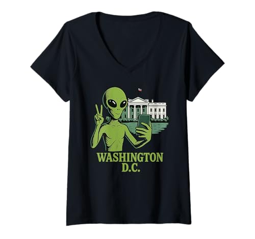 Damen Alien Peace Zeichen UFO Meme Washington DC Travel T-Shirt mit V-Ausschnitt Damen Alien Peace Zeichen UFO Meme Washington DC Travel T-Shirt mit V-Ausschnitt von Funny Sci-Fi Alien & UFO Invasion Travel Aesthetic