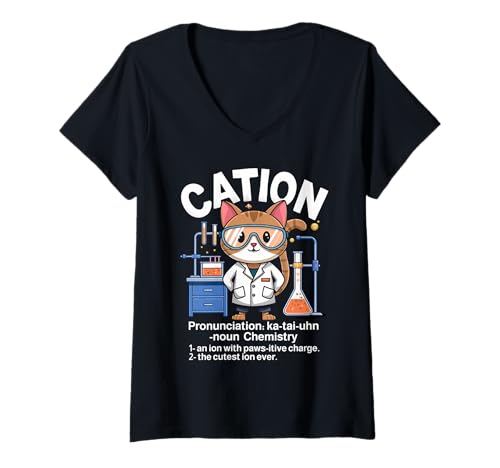 Damen Cation Science Cat Lab Chemie Pun Geek Cat Scientist T-Shirt mit V-Ausschnitt von Funny Science Cat Apparel for Men Women