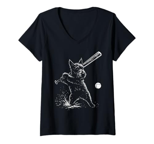 Damen Baseball-Sport-Hundeliebhaber beim Scottish Terrier T-Shirt mit V-Ausschnitt Damen Baseball-Sport-Hundeliebhaber beim Scottish Terrier T-Shirt mit V-Ausschnitt von Funny Scottie Baseball Player Dog Designs