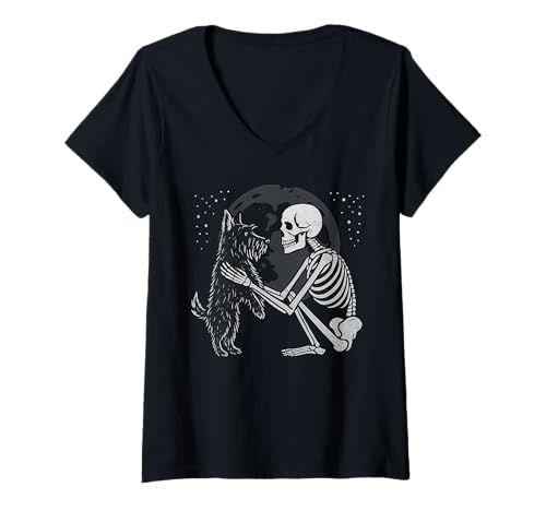 Damen Scottish Terrier Skelett Mond Halloween Hundeliebhaber T-Shirt mit V-Ausschnitt Damen Scottish Terrier Skelett Mond Halloween Hundeliebhaber T-Shirt mit V-Ausschnitt von Funny Scottie Gothic Dog Designs