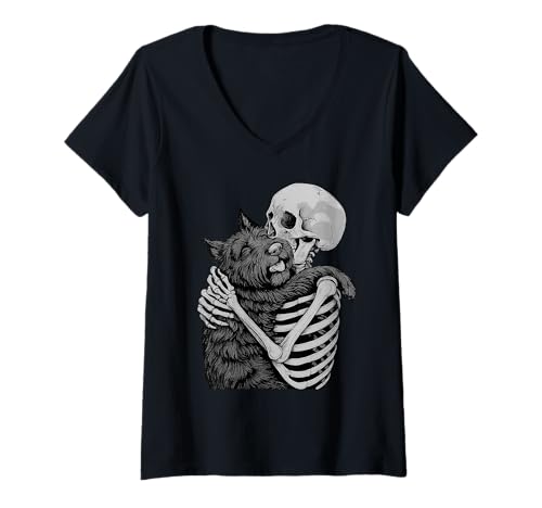 Damen Scottish Terrier Skelett Umarmung Halloween Hundeliebhaber T-Shirt mit V-Ausschnitt Damen Scottish Terrier Skelett Umarmung Halloween Hundeliebhaber T-Shirt mit V-Ausschnitt von Funny Scottie Gothic Dog Designs