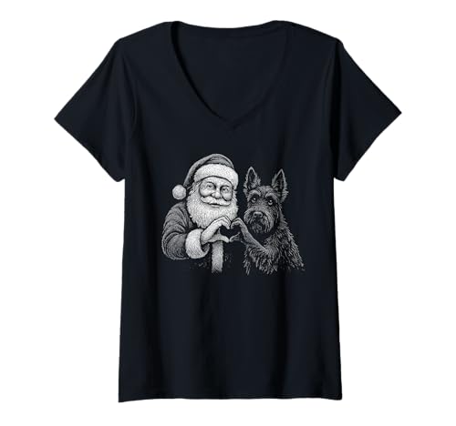 Damen Scottish Terrier Weihnachtsmann in Herzform für Hundeliebhaber T-Shirt mit V-Ausschnitt Damen Scottish Terrier Weihnachtsmann in Herzform für Hundeliebhaber T-Shirt mit V-Ausschnitt von Funny Scottie Holiday Dog Designs