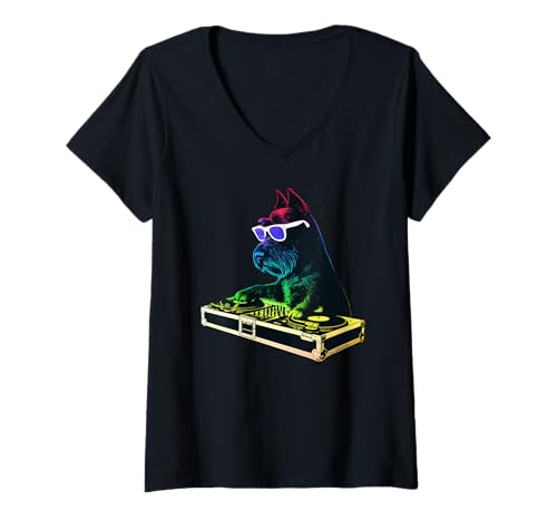 Damen Scottish Terrier DJ-Musikparty Hundeliebhaber T-Shirt mit V-Ausschnitt Damen Scottish Terrier DJ-Musikparty Hundeliebhaber T-Shirt mit V-Ausschnitt von Funny Scottie House Music Dog Designs