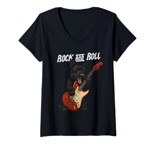 Damen Scottish Terrier spielt Gitarre Rock and Roll Dog Lover T-Shirt mit V-Ausschnitt Damen Scottish Terrier spielt Gitarre Rock and Roll Dog Lover T-Shirt mit V-Ausschnitt von Funny Scottie Rock Music Dog Designs