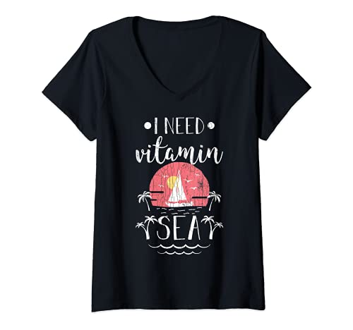 Damen I Need Vitamin Sea Lustige Sommerpause Strand Grafik T-Shirt mit V-Ausschnitt von Funny Sea Beach Lover Graphic & More