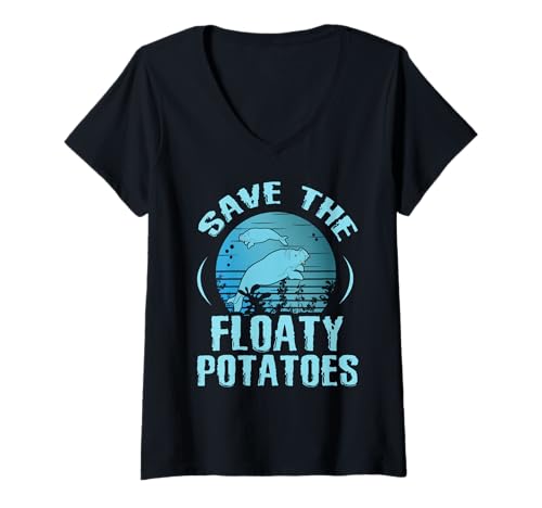 Damen Süßer Seacow Mana Lover Save The Floaty Potatoes T-Shirt mit V-Ausschnitt von Funny Sea Cow Gifts for Manatee Lovers
