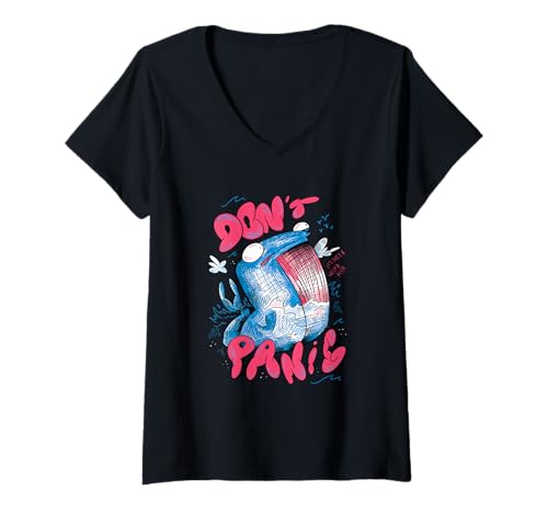 Damen Keine Panik! Seltsame Wal-Illustration im Comic-Stil T-Shirt mit V-Ausschnitt Damen Keine Panik! Seltsame Wal-Illustration im Comic-Stil T-Shirt mit V-Ausschnitt von Funny Sea Monster Art