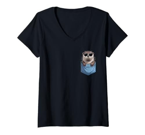 Damen Niedliche Taschen-Seeotter-Liebhaber T-Shirt mit V-Ausschnitt Damen Niedliche Taschen-Seeotter-Liebhaber T-Shirt mit V-Ausschnitt von Funny Sea Otter in Pocket for Otter Lover