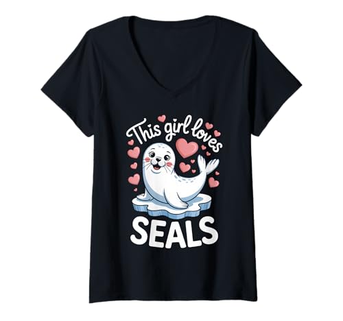 Damen Dieses Mädchen liebt Robben T-Shirt mit V-Ausschnitt von Funny Seals Cool Seal Girl Designs