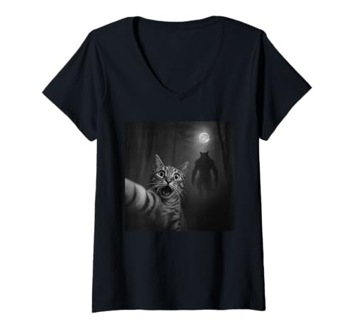 Damen Lustige Halloween Angst Katze Selfie Werwolf Alpha Wolf T-Shirt mit V-Ausschnitt Damen Lustige Halloween Angst Katze Selfie Werwolf Alpha Wolf T-Shirt mit V-Ausschnitt von Funny Selfie Cat Merch Gifts Store