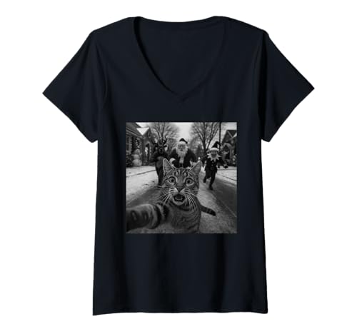 Damen Lustige Weihnachten Überrascht Angst Katze Selfie Hirsch Weihnachtsmann Elf T-Shirt mit V-Ausschnitt Damen Lustige Weihnachten Überrascht Angst Katze Selfie Hirsch Weihnachtsmann Elf T-Shirt mit V-Ausschnitt von Funny Selfie Cat Merch Gifts Store