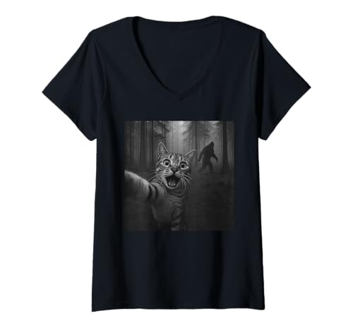 Damen Lustige überraschte Angst Katze Selfie Sasquatch Bigfoot Grafik T-Shirt mit V-Ausschnitt Damen Lustige überraschte Angst Katze Selfie Sasquatch Bigfoot Grafik T-Shirt mit V-Ausschnitt von Funny Selfie Cat Merch Gifts Store
