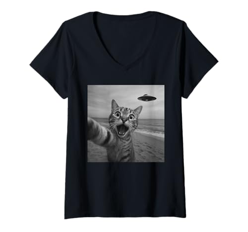 Damen Lustige überraschte verängstigte Katze Selfie Alien UFO Außerirdische T-Shirt mit V-Ausschnitt Damen Lustige überraschte verängstigte Katze Selfie Alien UFO Außerirdische T-Shirt mit V-Ausschnitt von Funny Selfie Cat Merch Gifts Store