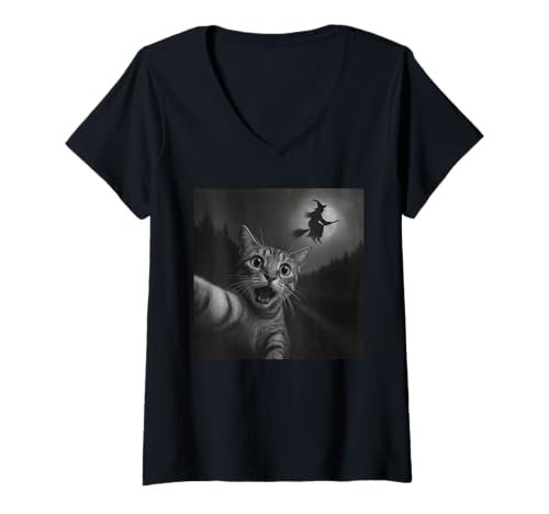 Damen Lustiger Halloween-Überraschungs-Katzen-Selfie-Hexenbesen T-Shirt mit V-Ausschnitt Damen Lustiger Halloween-Überraschungs-Katzen-Selfie-Hexenbesen T-Shirt mit V-Ausschnitt von Funny Selfie Cat Merch Gifts Store