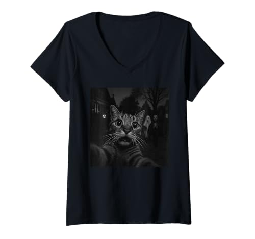 Damen Lustiges Halloween-Katzen-Selfie-Skelett Boo Süßes oder Saures T-Shirt mit V-Ausschnitt Damen Lustiges Halloween-Katzen-Selfie-Skelett Boo Süßes oder Saures T-Shirt mit V-Ausschnitt von Funny Selfie Cat Merch Gifts Store
