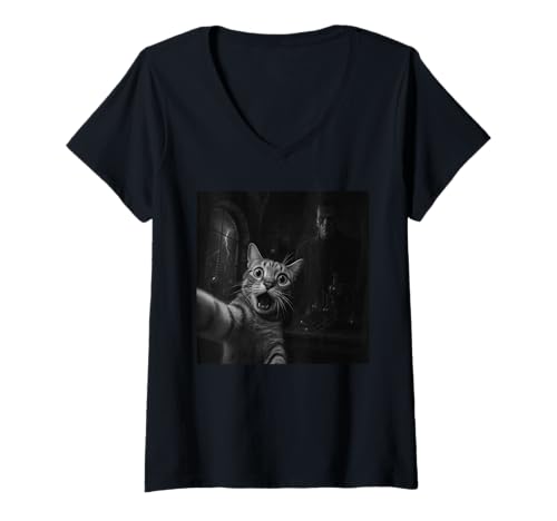 Damen Lustiges Halloween Überraschte Angst Katze Selfie Frankenstein T-Shirt mit V-Ausschnitt Damen Lustiges Halloween Überraschte Angst Katze Selfie Frankenstein T-Shirt mit V-Ausschnitt von Funny Selfie Cat Merch Gifts Store