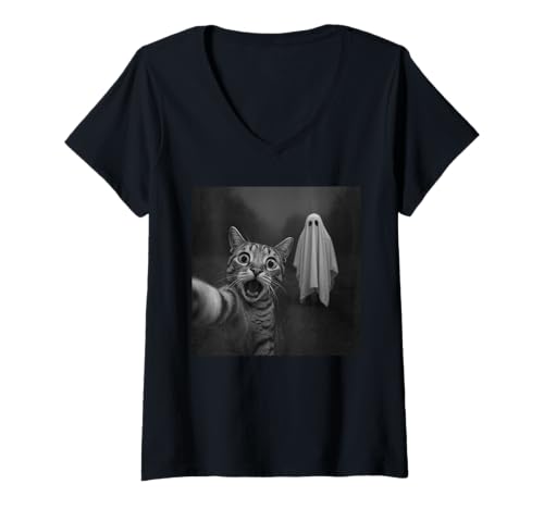 Damen Lustiges Halloween Überraschte Angst Katze Selfie Gruseliger Geist T-Shirt mit V-Ausschnitt Damen Lustiges Halloween Überraschte Angst Katze Selfie Gruseliger Geist T-Shirt mit V-Ausschnitt von Funny Selfie Cat Merch Gifts Store