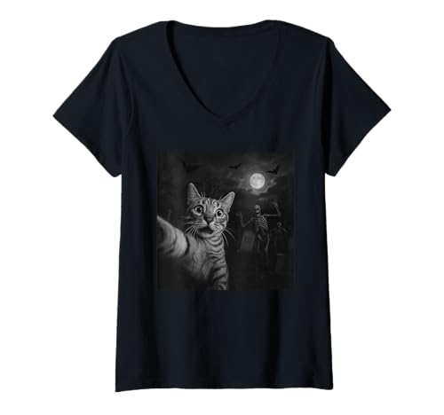 Damen Lustiges Halloween Überraschte Angst Katze Selfie Gruseliges Skelett T-Shirt mit V-Ausschnitt Damen Lustiges Halloween Überraschte Angst Katze Selfie Gruseliges Skelett T-Shirt mit V-Ausschnitt von Funny Selfie Cat Merch Gifts Store