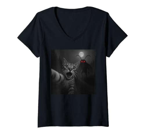 Damen Lustiges Halloween Überraschte Angst Katze Selfie Mothman Cryptid T-Shirt mit V-Ausschnitt Damen Lustiges Halloween Überraschte Angst Katze Selfie Mothman Cryptid T-Shirt mit V-Ausschnitt von Funny Selfie Cat Merch Gifts Store
