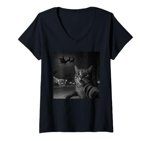 Damen Lustiges Weihnachts-Selfie-Katzen-Selfie-Selfie/Weihnachtsmann/T-Shirt mit V-Ausschnitt Damen Lustiges Weihnachts-Selfie-Katzen-Selfie-Selfie/Weihnachtsmann/T-Shirt mit V-Ausschnitt von Funny Selfie Cat Merch Gifts Store