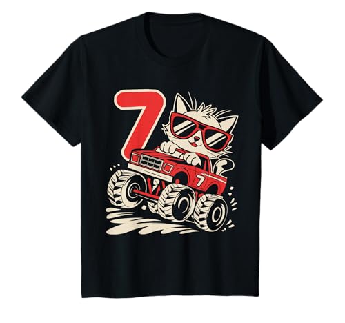 Kinder 7 Jahre alte Katze 7. Monstertruck Geburtstag Junge Mädchen T-Shirt von Funny Seven Year Old Monster Truck Birthday Cat