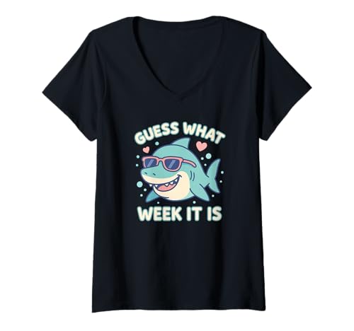 Damen Lustiges Ratet mal, welche Woche Heute ist: Shark Joke Lover Ocean Wildlife T-Shirt mit V-Ausschnitt Damen Lustiges Ratet mal, welche Woche Heute ist: Shark Joke Lover Ocean Wildlife T-Shirt mit V-Ausschnitt von Funny Shark Animal Lover Themed Gifts