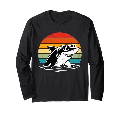 Cooler Hai in Sonnenbrille, lustiger Hai für Männer, Frauen, Kinder, Jungen Langarmshirt von Funny Shark Apparel for Women Men Kids Boys Girls
