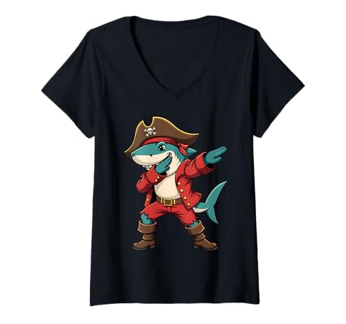 Damen Lustiger Dabbing Hai Pirat Halloween T-Shirt mit V-Ausschnitt Damen Lustiger Dabbing Hai Pirat Halloween T-Shirt mit V-Ausschnitt von Funny Shark Dab Apparel