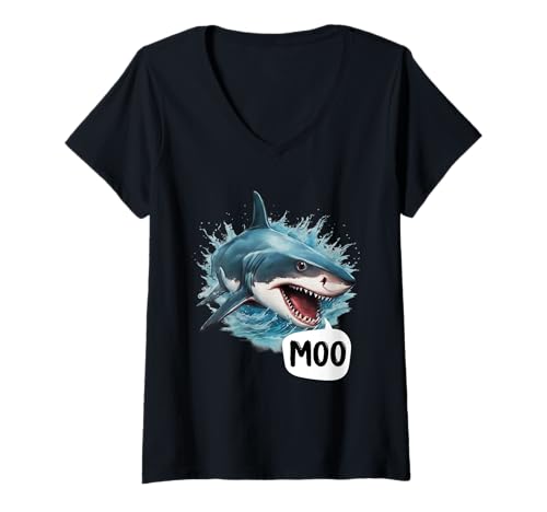 Damen Lustiger Hai Moo I'm A Cow Herren Damen Kinder T-Shirt mit V-Ausschnitt von Funny Shark Moo I'm A Cow Men Women Kids