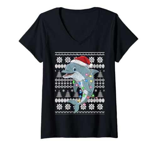 Damen Lustiger Hai-Weihnachtsmannmütze, hässlicher Weihnachtspullover T-Shirt mit V-Ausschnitt von Funny Shark Santa Hat Ugly Christmas Sweater