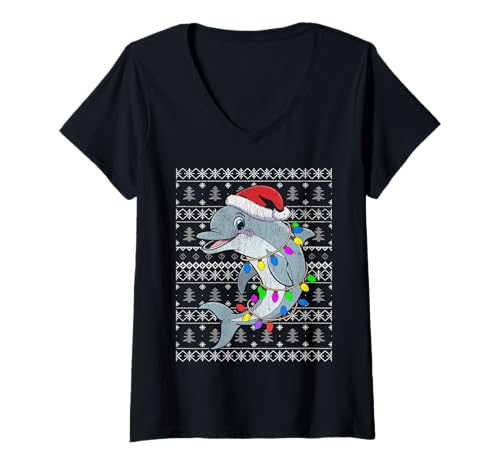 Damen Lustiger Hai-Weihnachtsmannmütze, hässlicher Weihnachtspullover T-Shirt mit V-Ausschnitt von Funny Shark Santa Hat Ugly Christmas Sweater