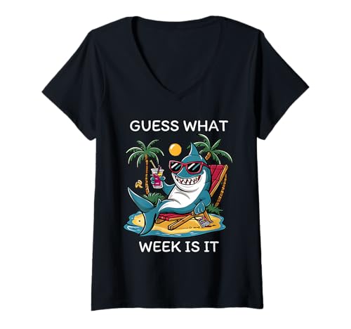 Damen Cool Shark 2025 Week Ratet mal, welche Woche es ist Lustiger Hailiebhaber T-Shirt mit V-Ausschnitt Damen Cool Shark 2025 Week Ratet mal, welche Woche es ist Lustiger Hailiebhaber T-Shirt mit V-Ausschnitt von Funny Shark Summer Vacation For Men Women Kids Tee