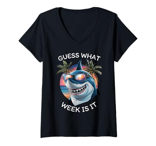 Damen Retro Shark 2025 Week Ratet mal, welche Woche Spaß Macht Shark Lover T-Shirt mit V-Ausschnitt Damen Retro Shark 2025 Week Ratet mal, welche Woche Spaß Macht Shark Lover T-Shirt mit V-Ausschnitt von Funny Shark Summer Vacation For Men Women Kids Tee