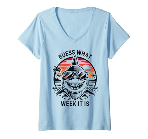 Damen Vintage Shark 2025 Week Ratet mal, welche Woche es ist Shark Lover T-Shirt mit V-Ausschnitt Damen Vintage Shark 2025 Week Ratet mal, welche Woche es ist Shark Lover T-Shirt mit V-Ausschnitt von Funny Shark Summer Vacation For Men Women Kids Tee