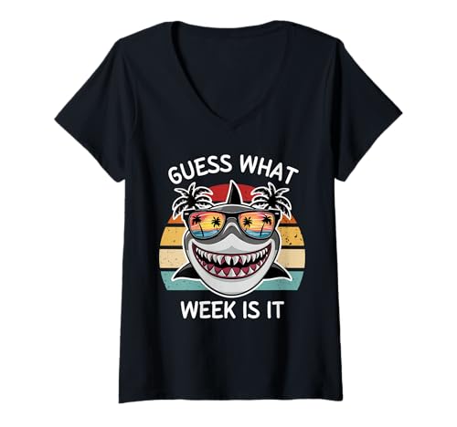 Damen Vintage Shark Funny Week Ratet mal, welche Woche es ist Shark Lover T-Shirt mit V-Ausschnitt Damen Vintage Shark Funny Week Ratet mal, welche Woche es ist Shark Lover T-Shirt mit V-Ausschnitt von Funny Shark Summer Vacation For Men Women Kids Tee