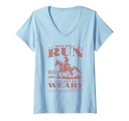 Damen Sie Wird Laufen und Nicht müde Sein T-Shirt mit V-Ausschnitt von Funny She Will Run And Not Be Weary Tee Shirt