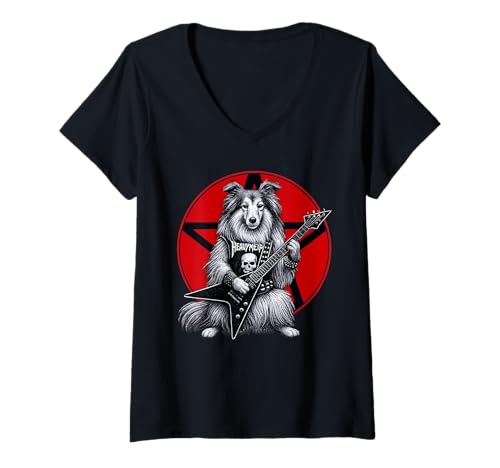 Damen Shetland Sheepdog Heavy Metal Gitarre Rock Dog Lover T-Shirt mit V-Ausschnitt Damen Shetland Sheepdog Heavy Metal Gitarre Rock Dog Lover T-Shirt mit V-Ausschnitt von Funny Sheltie Death Metal Music Dog Designs