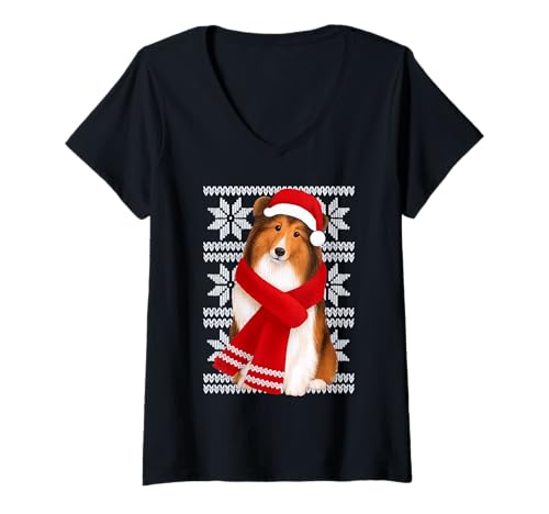 Damen Shetland Sheepdog Hundeliebhaber, hässlicher Weihnachtsfeiertagshund T-Shirt mit V-Ausschnitt Damen Shetland Sheepdog Hundeliebhaber, hässlicher Weihnachtsfeiertagshund T-Shirt mit V-Ausschnitt von Funny Sheltie Festive Dog Designs